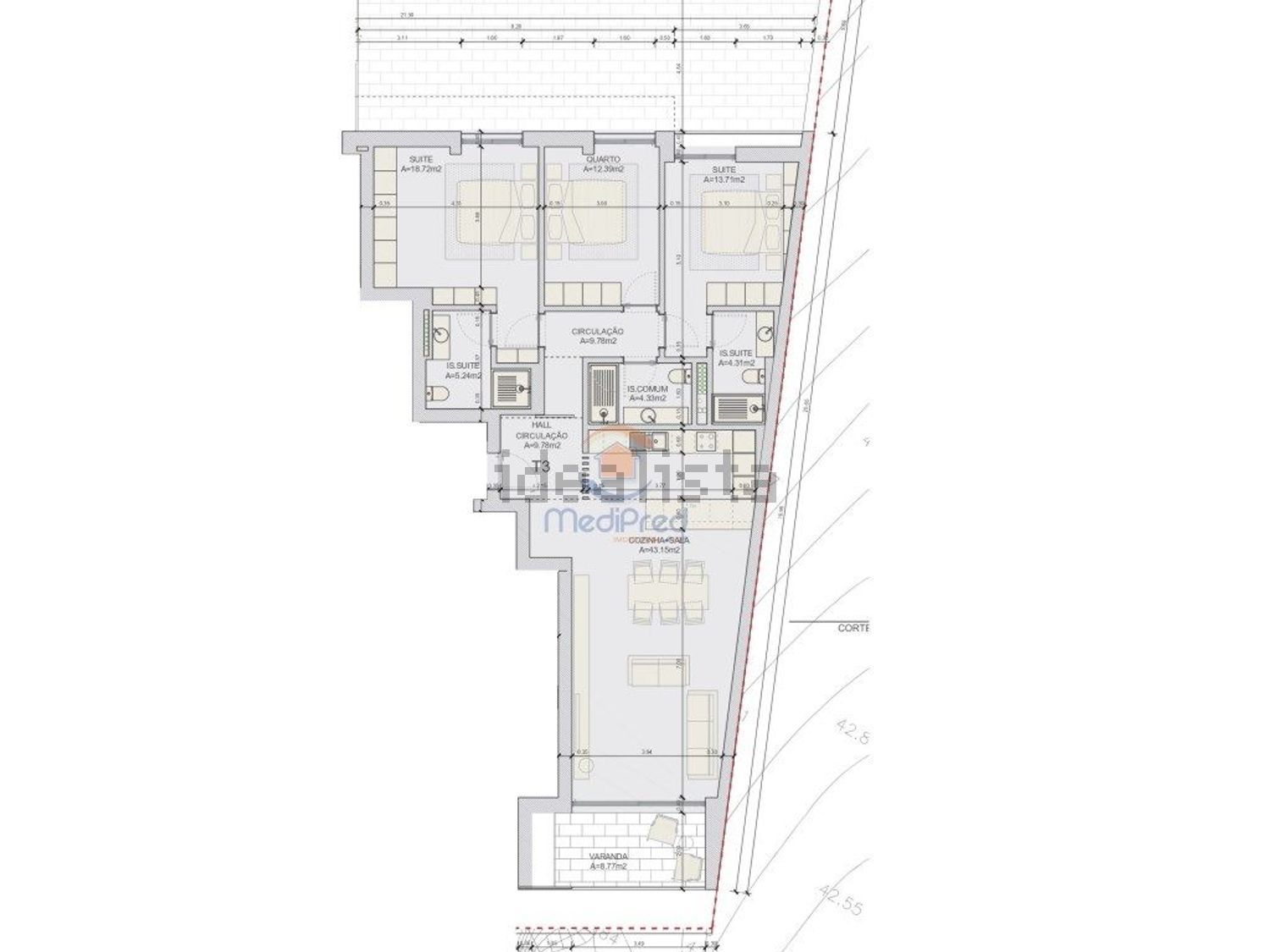 公寓 t3出售在Centro - 平面图