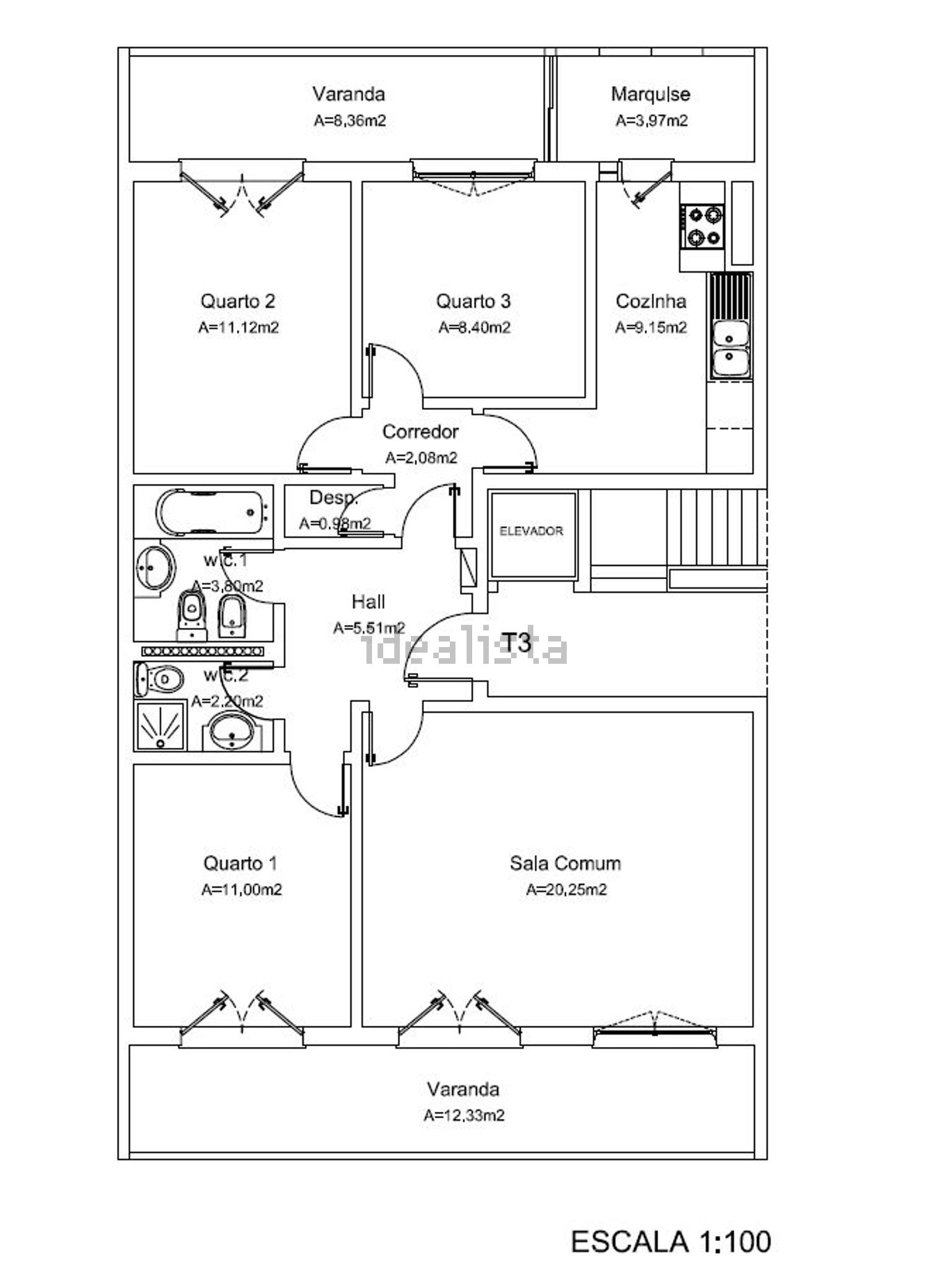 公寓 t3出售在 Bairro de Santa Cruz - 平面图
